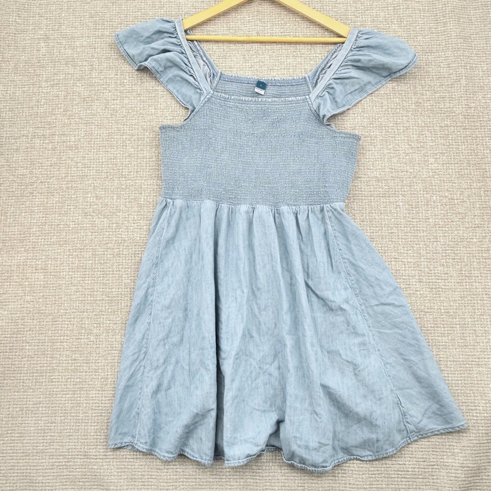 Old Navy Smocked Milkmaid Dress Flutter Sleeve Denim Sundress Blue Sz L Babydoll
